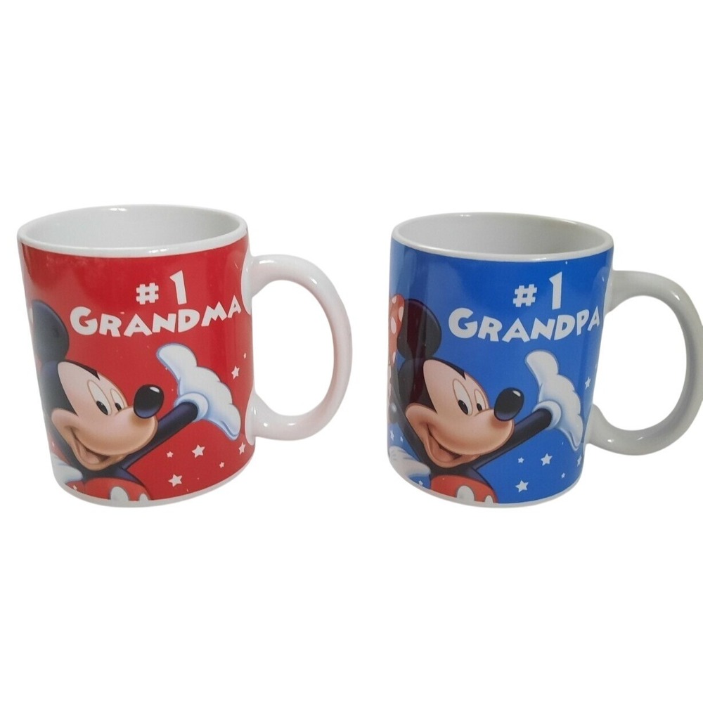 Disney Jerry Leigh Mickey Mouse #1 Grandma & Grandpa Coffee Mug Set Red Blue 2pc
